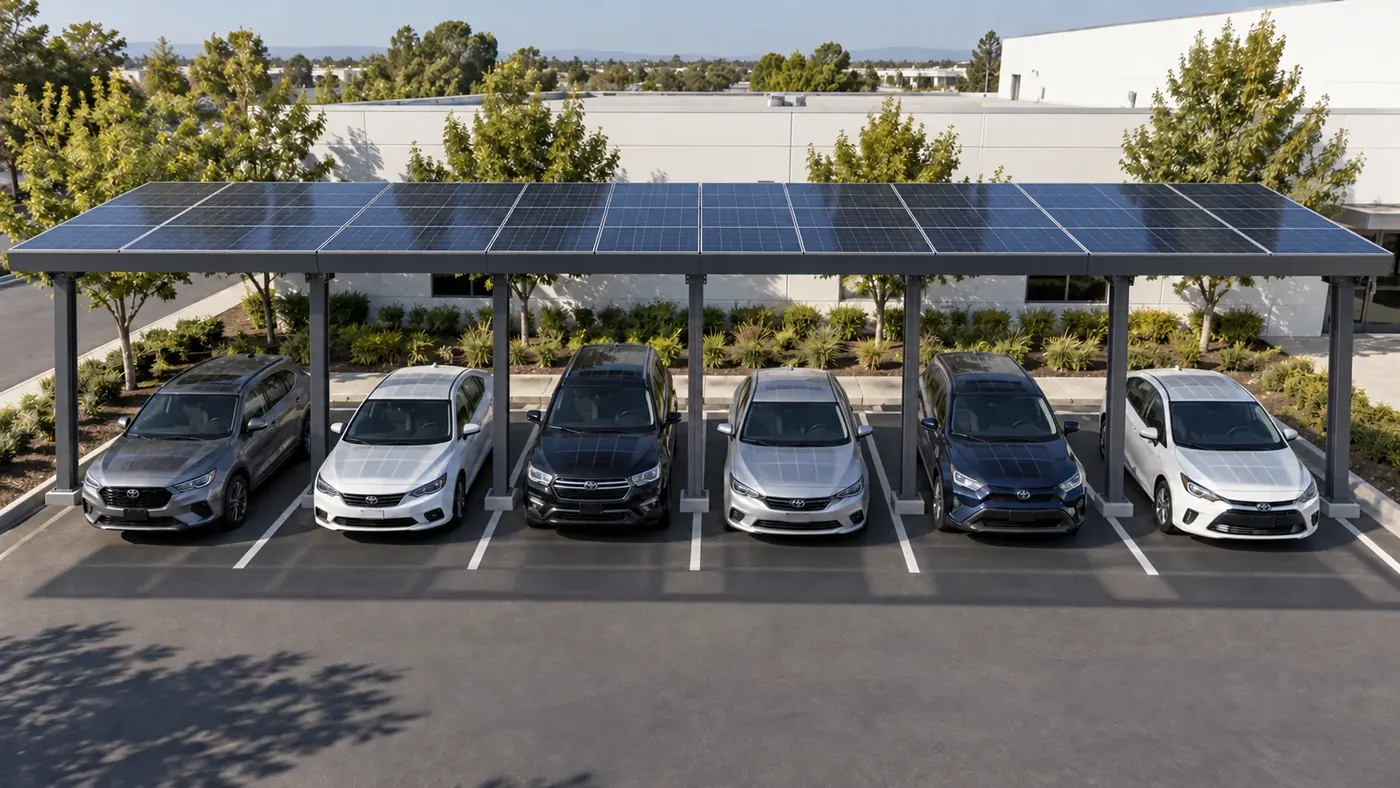 O mesmo estacionamento depois: carport solar com módulos fotovoltaicos formando o teto sobre as seis vagas