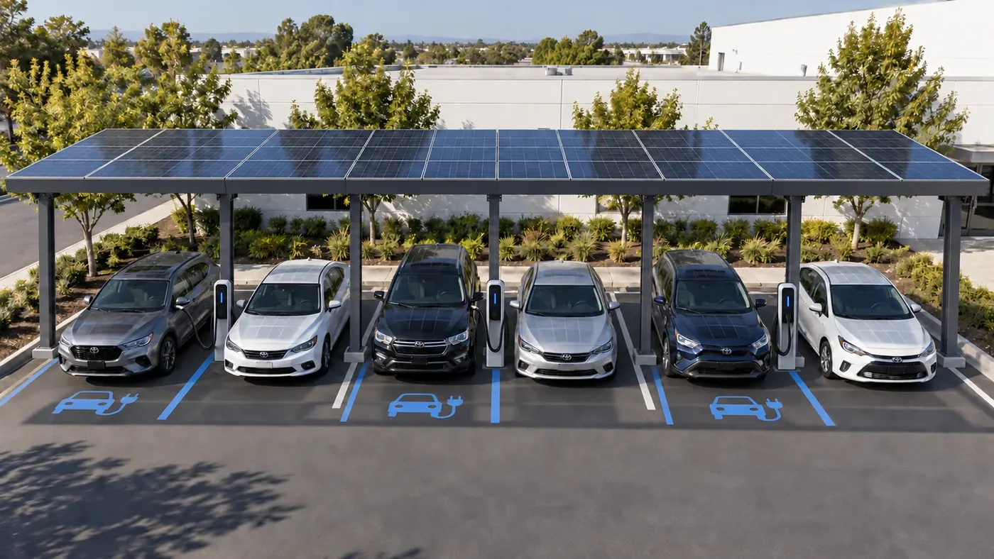 Mesmo estacionamento com cobertura de painéis solares e carros elétricos carregando