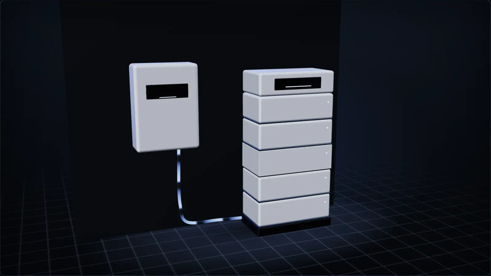 Bateria em torre de módulos empilhados ao lado de um inversor na parede, em ilustração 3D