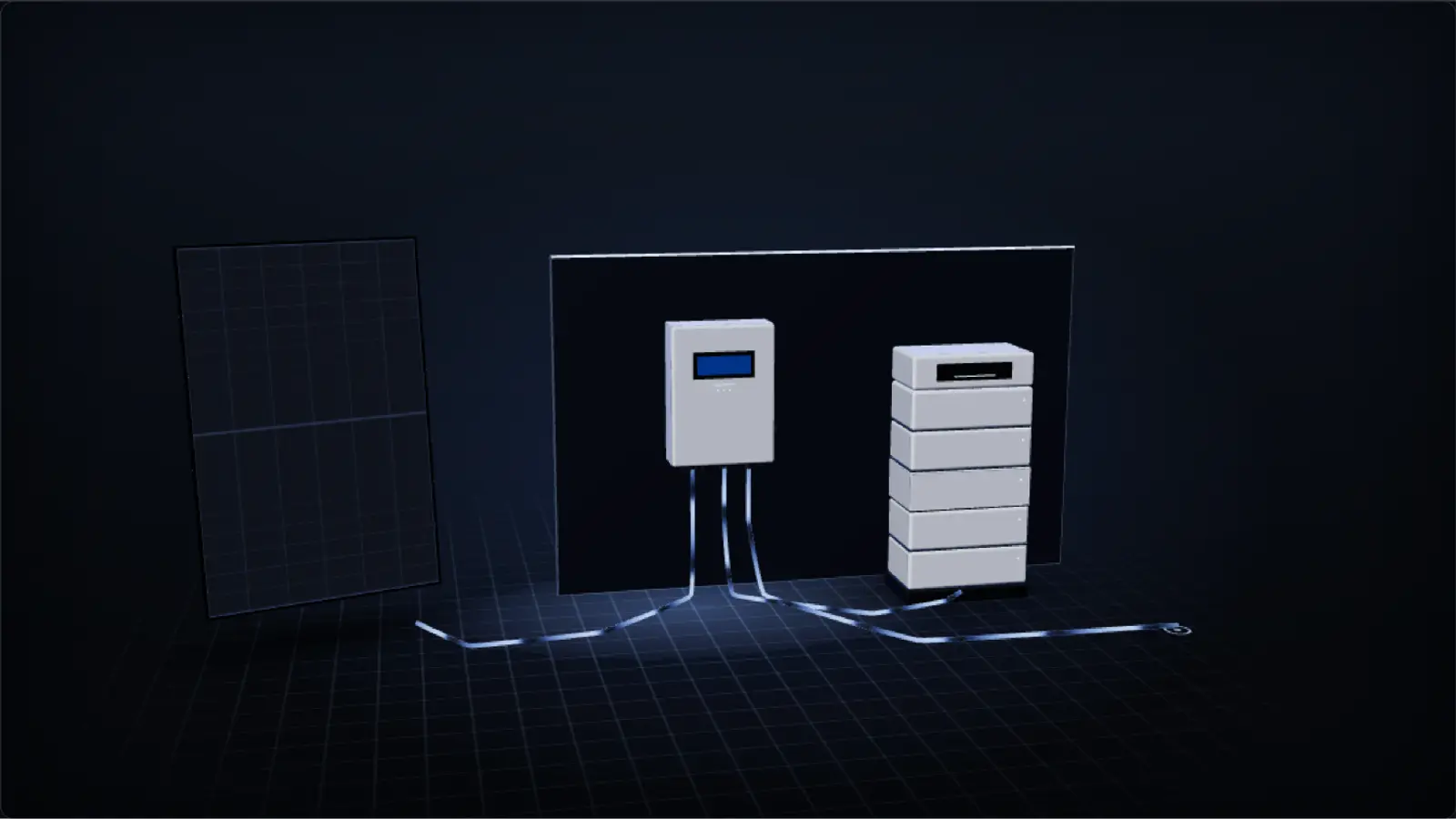 Painel solar, inversor na parede e bateria ligados por cabos, em ilustração 3D